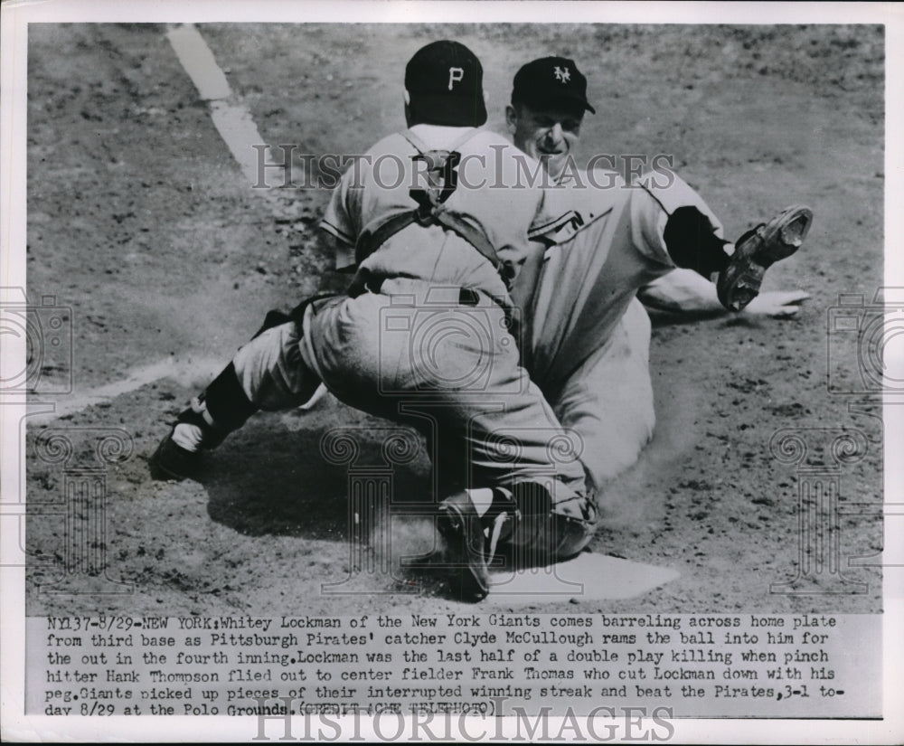 1951 Press Photo Whitey Lockman new York Giants Pittsburgh pirates Catcher Clyde - Historic Images