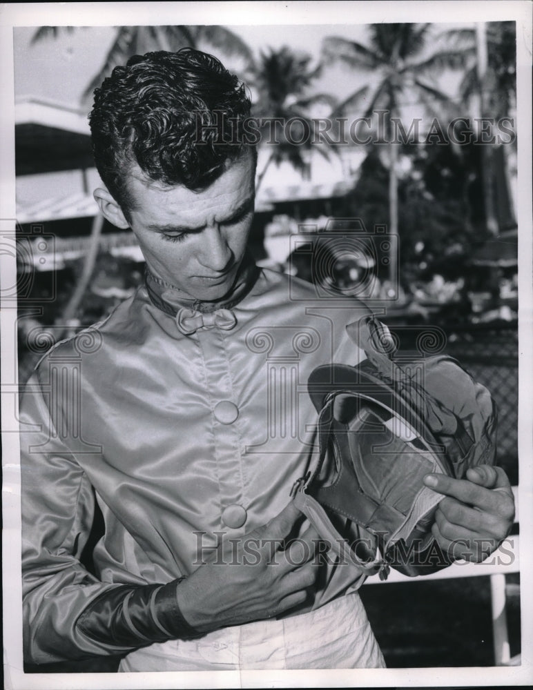 1956 Press Photo Sidney LeJune with a new safety helmet - nes03225 - Historic Images