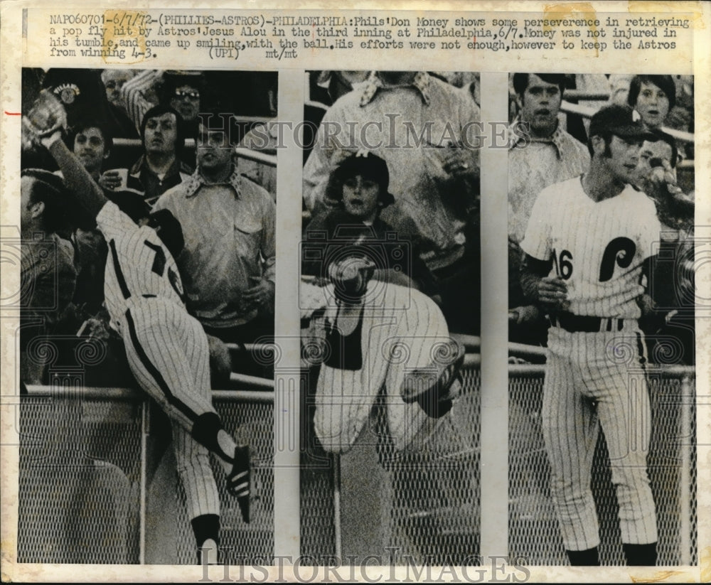 1972 Press Photo Don Money Philadelphia Phillies, Jesus Alou, Houston Astros - Historic Images