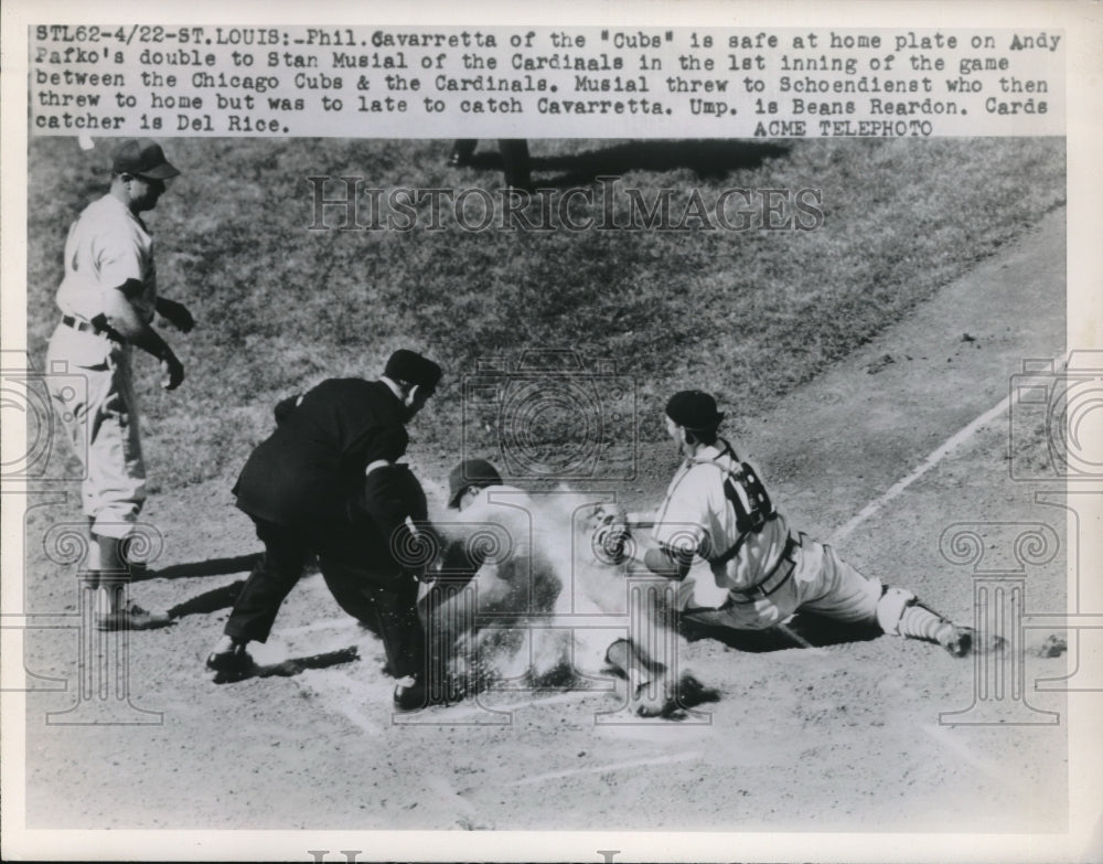1949 Press Photo Chicago Cubs Phil Cavarretta Safe at Home Plate in St. Louis - Historic Images