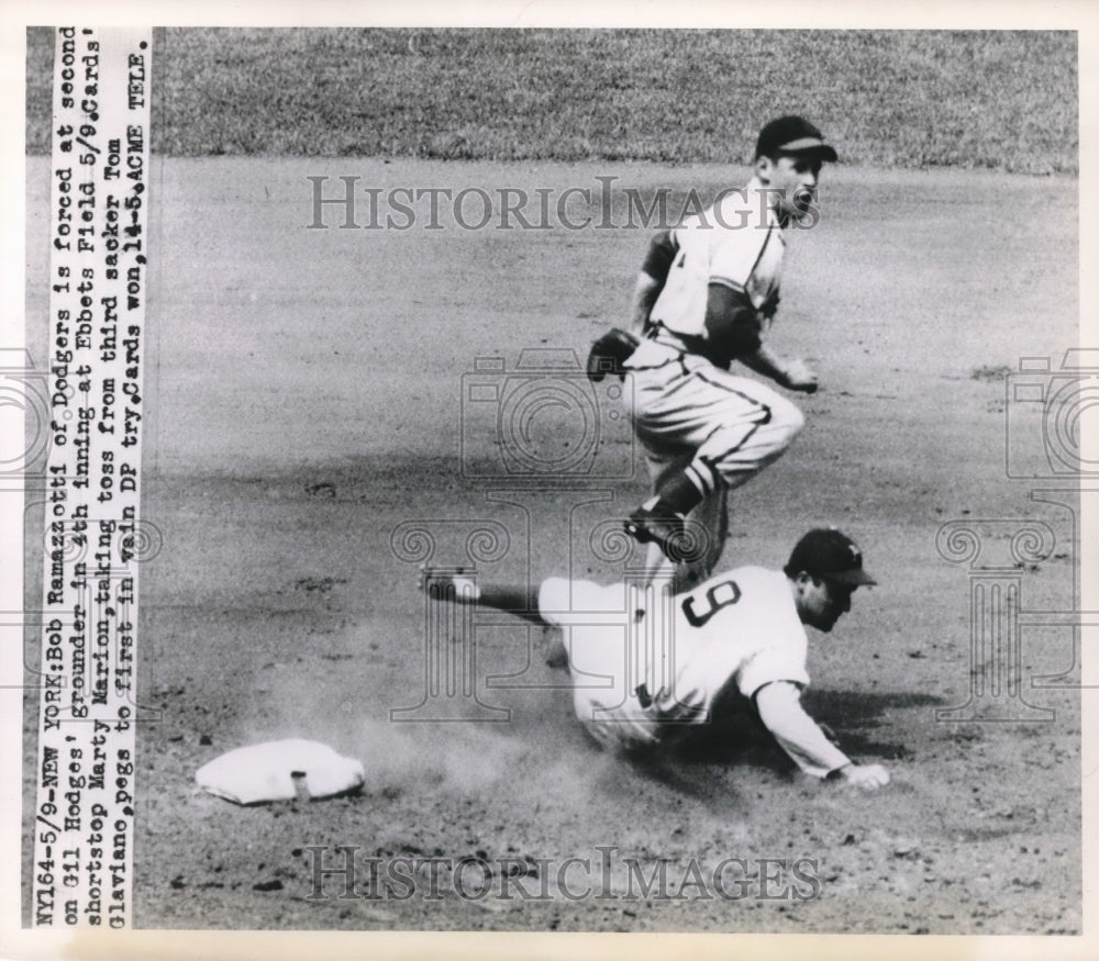 1949 Press Photo Bob Ramazzotti, Brooklyn Dodgers, Marty Marion, Cardinals - Historic Images