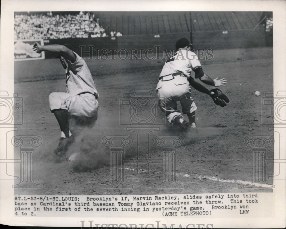 1949 Press Photo Marvin Rackley, Brooklyn Dodgers, Tommy Glaviano, Cardinals - Historic Images