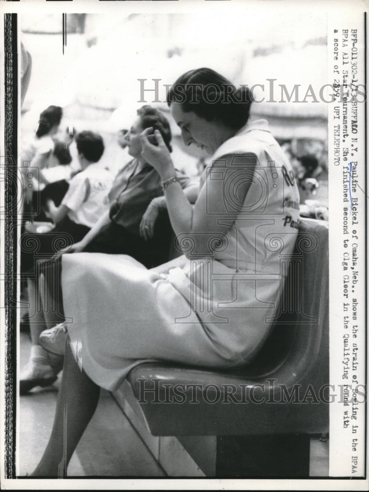 1959 Press Photo Pauline Bickel, BPAA All Star Tournament, Bowling, New York - Historic Images