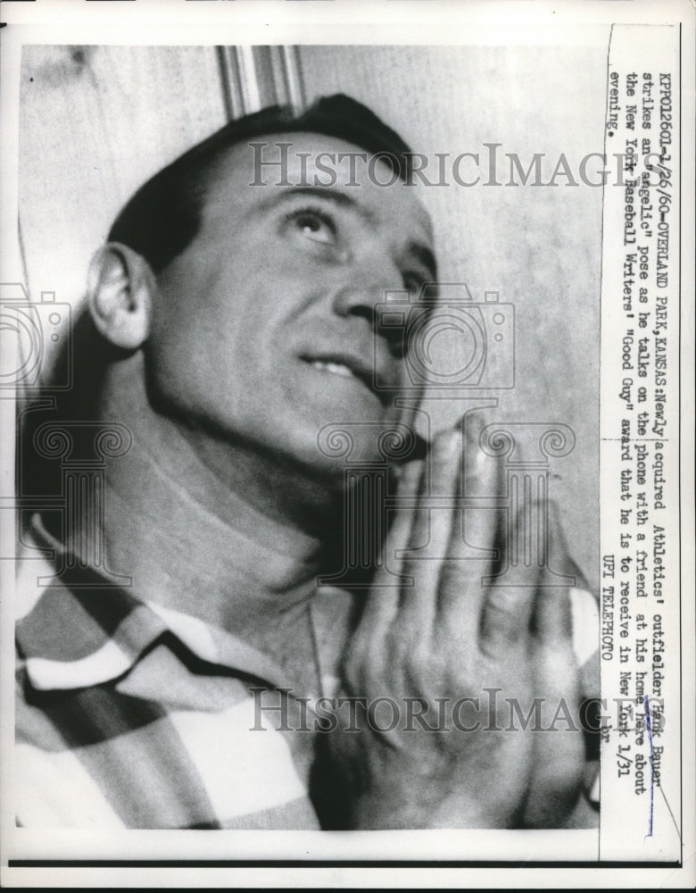 1960 Press Photo Hank Bauer, Kansas City Athletics, Good Guy Award, New York - Historic Images
