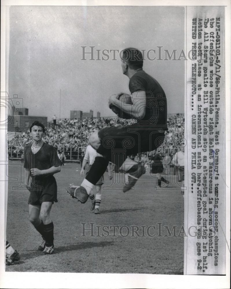 1958 Press Photo Bill Wytovich Stops Goal by West Germany&#39;s Helmut Nazarenus - Historic Images