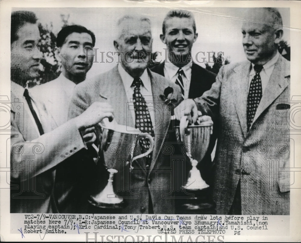 1953 Press Photo Kyo Shumagy, J. Yamahishi, E. Cardinal, T. Trabert, Davis Cup - Historic Images