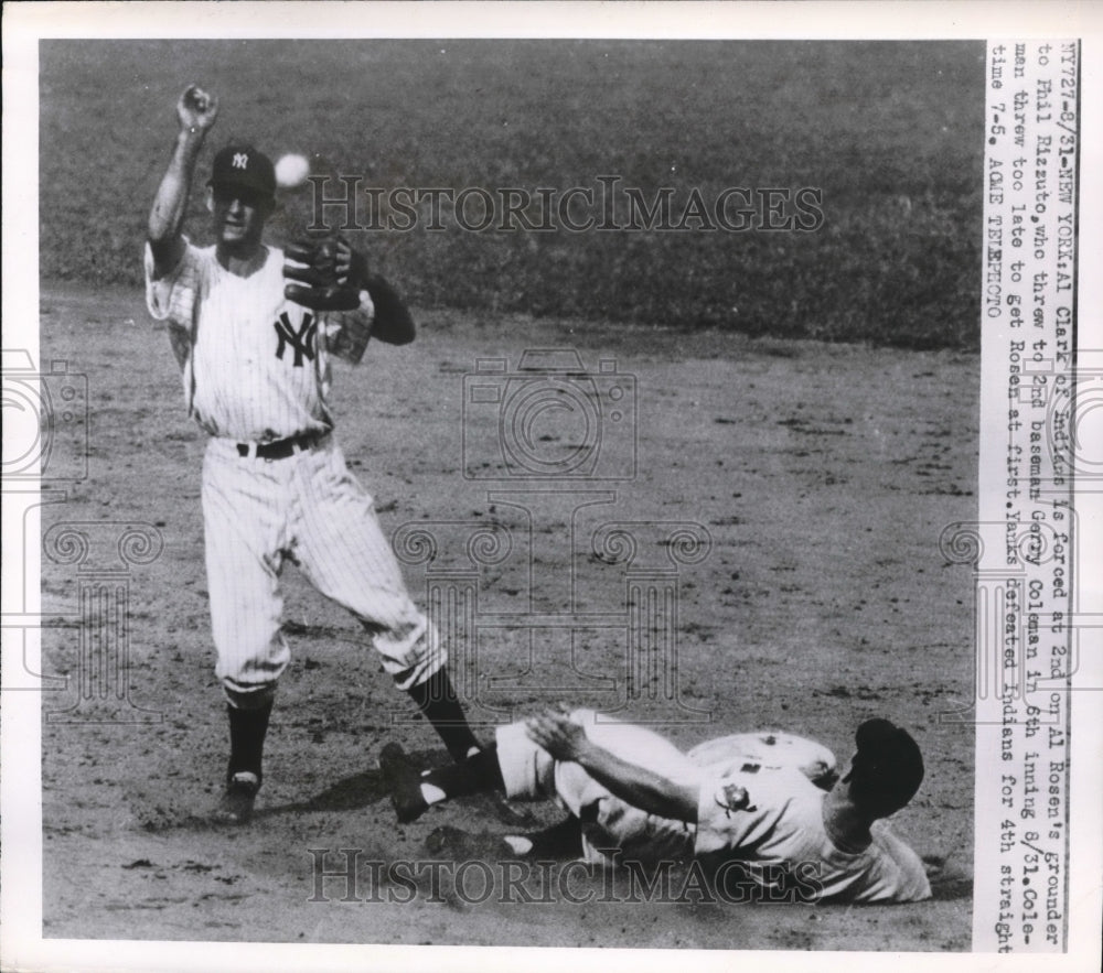 1950 Press Photo Al Clark Indians Out At 2nd By Gerry Coleman Yankees MLB Game - Historic Images
