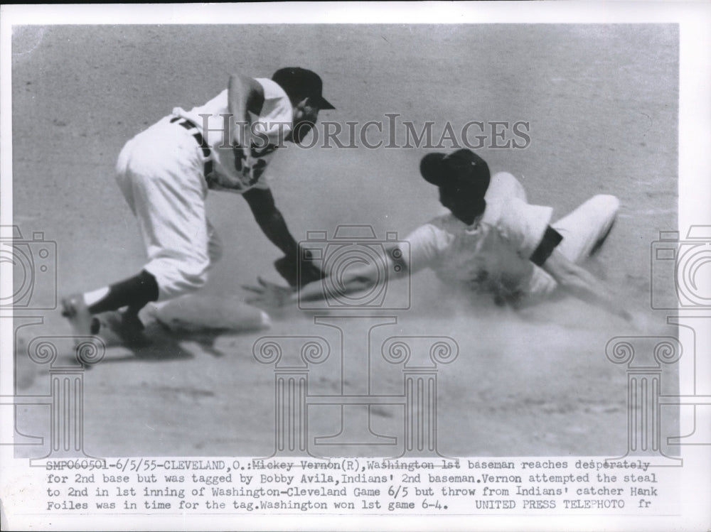 1955 Press Photo Mickey Vernon Senators Out At 2nd By Bobby Avila Indians MLB - Historic Images