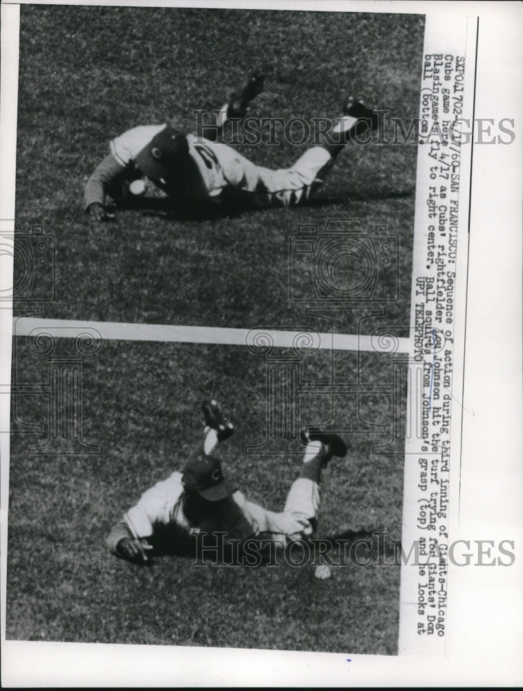 1960 Press Photo Lou Johnson of Cubs Hits Turf Trying to Catch Blasingame's Fly - Historic Images