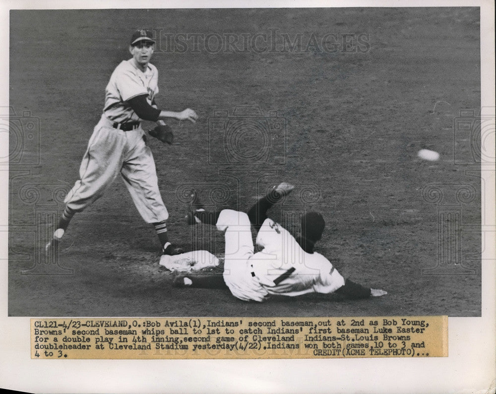 1951 Press Photo Cleveland's Bob Avila out at 2nd vs Brown Bob Young - nes05362 - Historic Images
