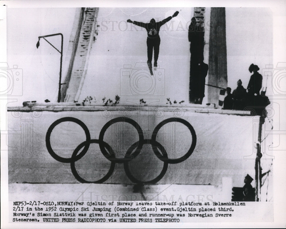 1952 Press Photo Par Gjeltin of Norway takes off during 1952 Olympic Ski Jumping - Historic Images