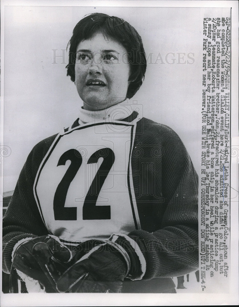 1959 Press Photo Letha Cress after competing in Women's Slalom, Squaw Valley CA - Historic Images