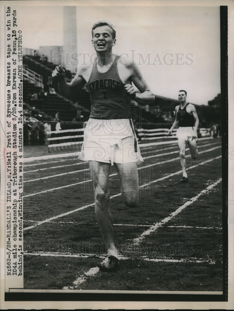 1949 Press Photo Neil Pratt of Syracuse wins IC4A mile at Randalls Island NY - Historic Images