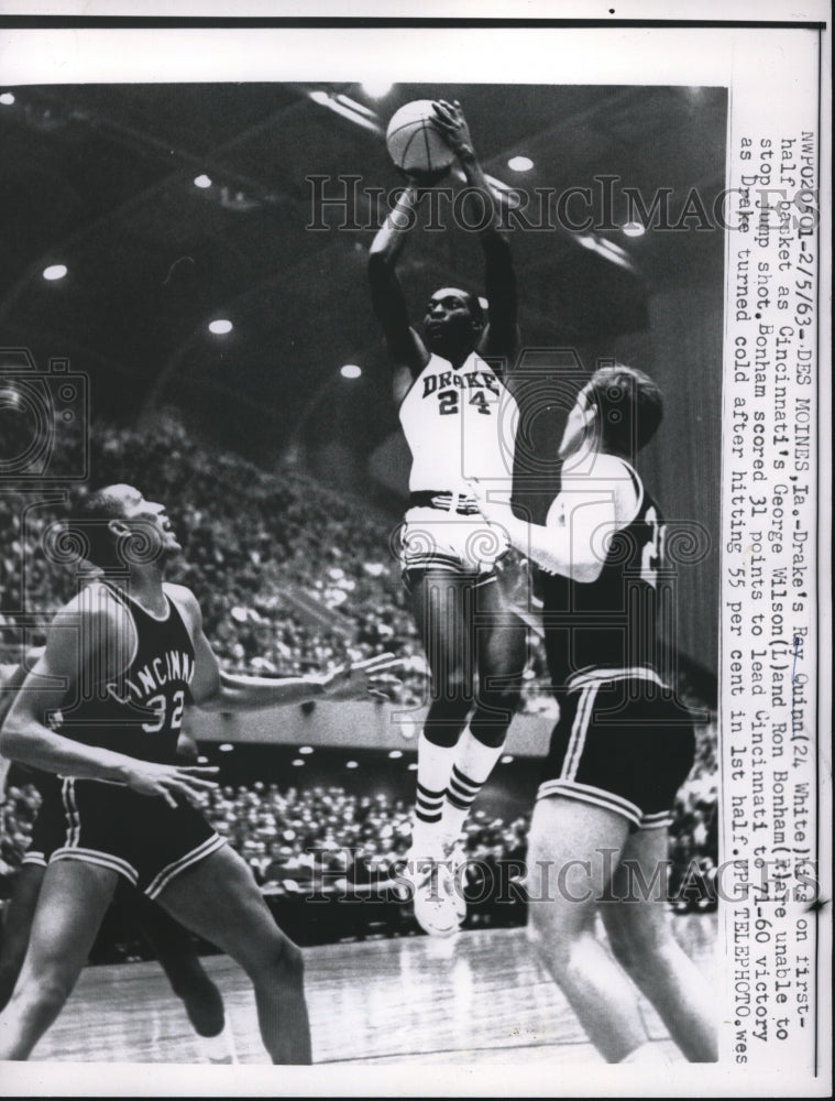 1963 Press Photo Ray Quinn, Drake, George Wilson, Cincinnati, Basketball, Iowa - Historic Images