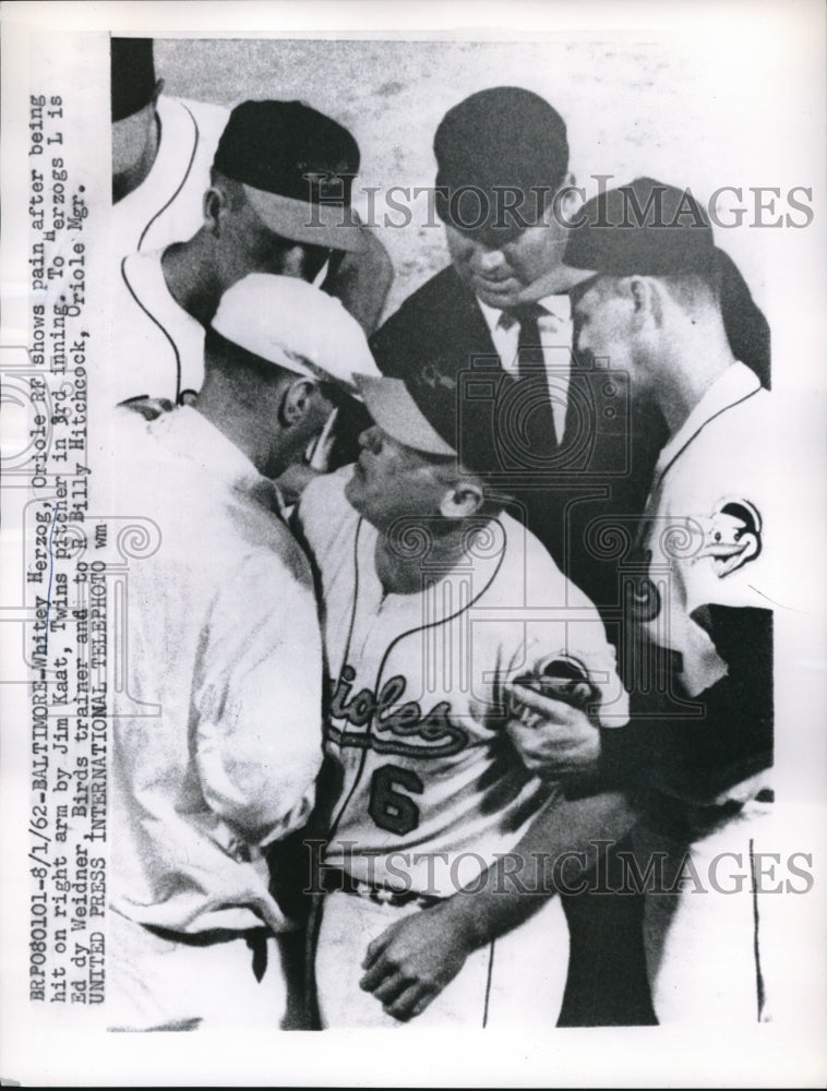 1962 Press Photo Whitey Herzog, Baltimore Orioles, Eddy Weidner, Billy Hitchcock - Historic Images