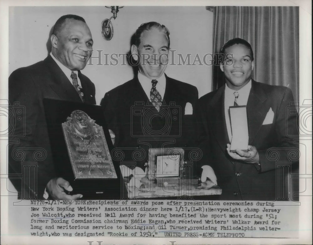 1952 Press Photo New York Boxing Writers Awards, J. Walcott, E. Eagan, G. Turner - Historic Images