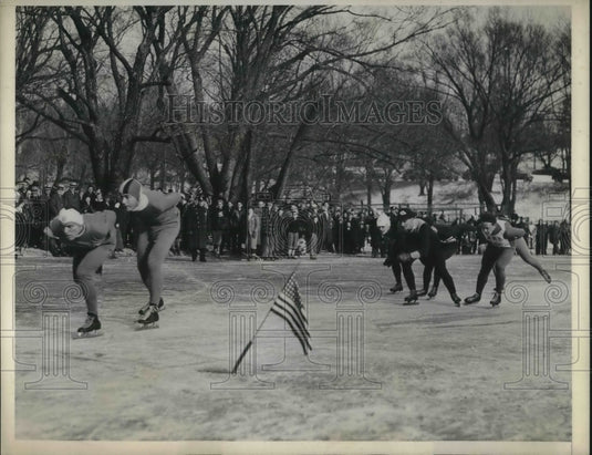 1936 Press Photo Eddie Schroeder, Frank Stack, Olympic Skater, Three Mile Race - Historic Images