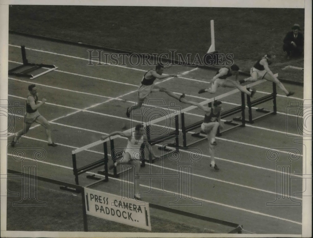 1932 Press Photo Gus Meier of Stanford, ICAAAA Championship, Hurdles, Jim Payne - Historic Images