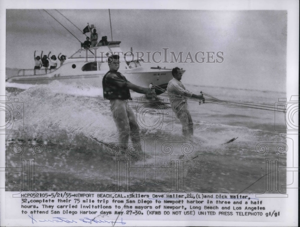 1955 Press Photo Dave Halier, Dick Walter, Water Skiing Newport Beach California - Historic Images