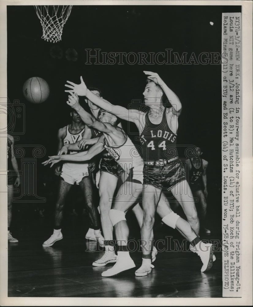 1951 Press Photo Mel Hutchins, R. Minsor, Brigham Young, Ed Scott, St Louis NIT - Historic Images