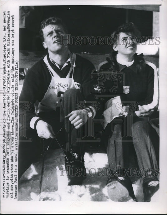 1952 Press Photo Katy Rodolph, U.S., Stein Eriksen, Norway, Olympic Skiing, Oslo - Historic Images