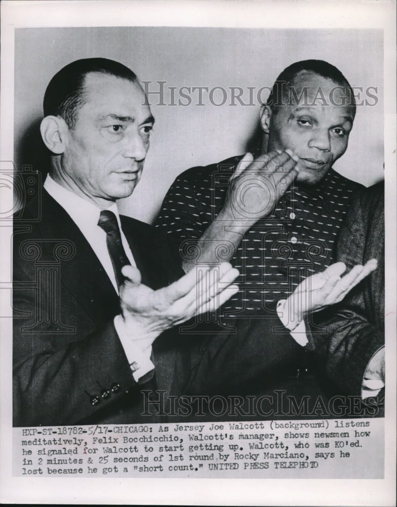 1953 Press Photo Manager Felix Bocchicchio, Boxer Jersey Joe Walcott, Chicago - Historic Images