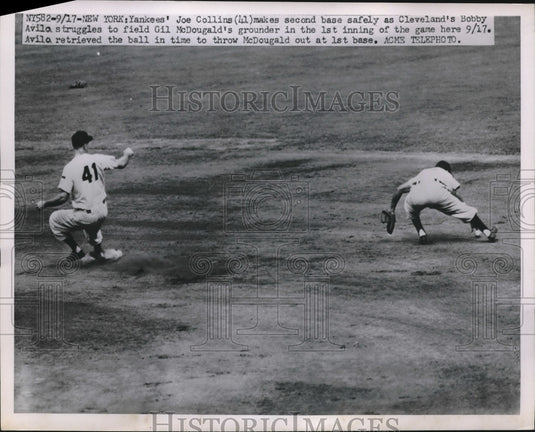 1951 Press Photo Joe Collins, New York Yankees, Bobby Avila, Cleveland Indians - Historic Images