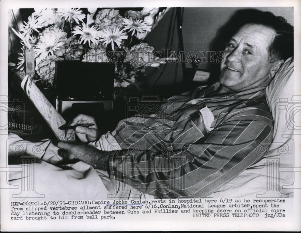 1955 Press Photo National League Umpire Jocko Conlan Recovers, Chicago Hospital - Historic Images