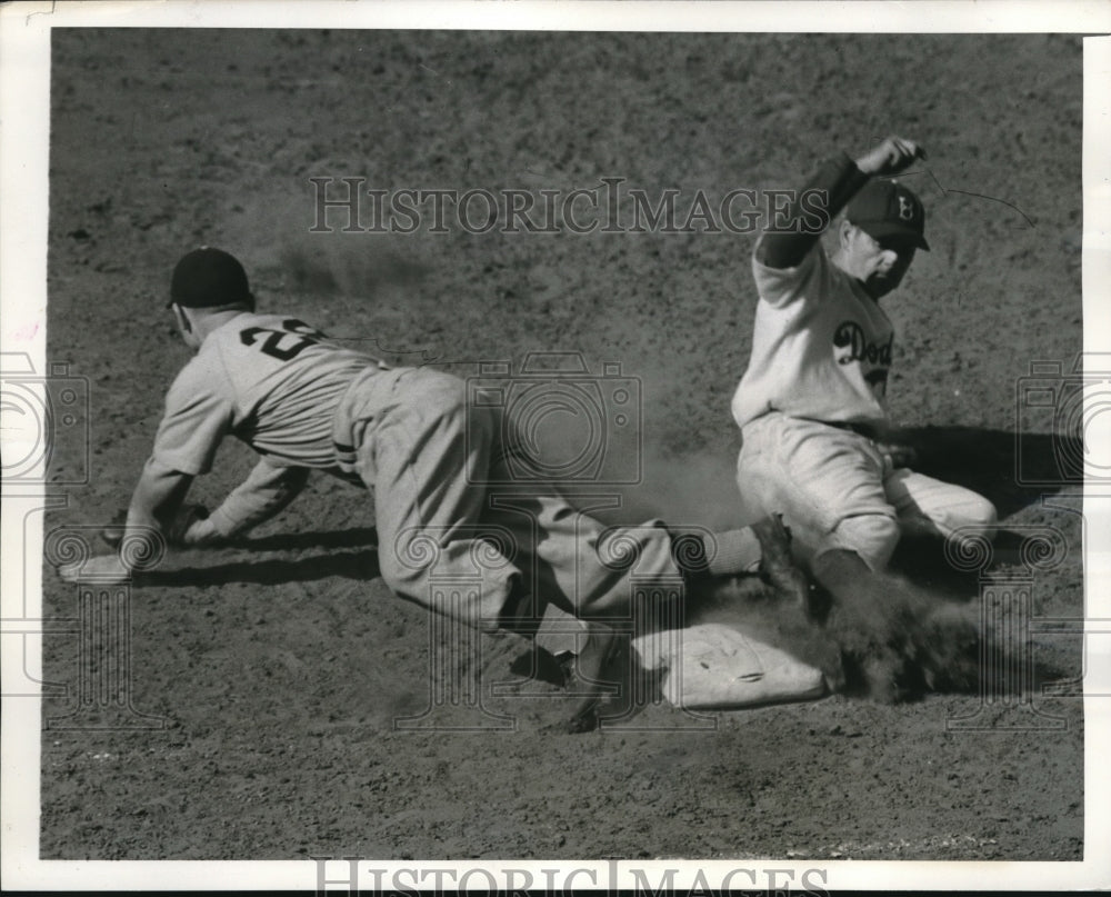1943 Press Photo Alexis Kampouris, Brooklyn Dodgers, James Wasdell, Phillies - Historic Images