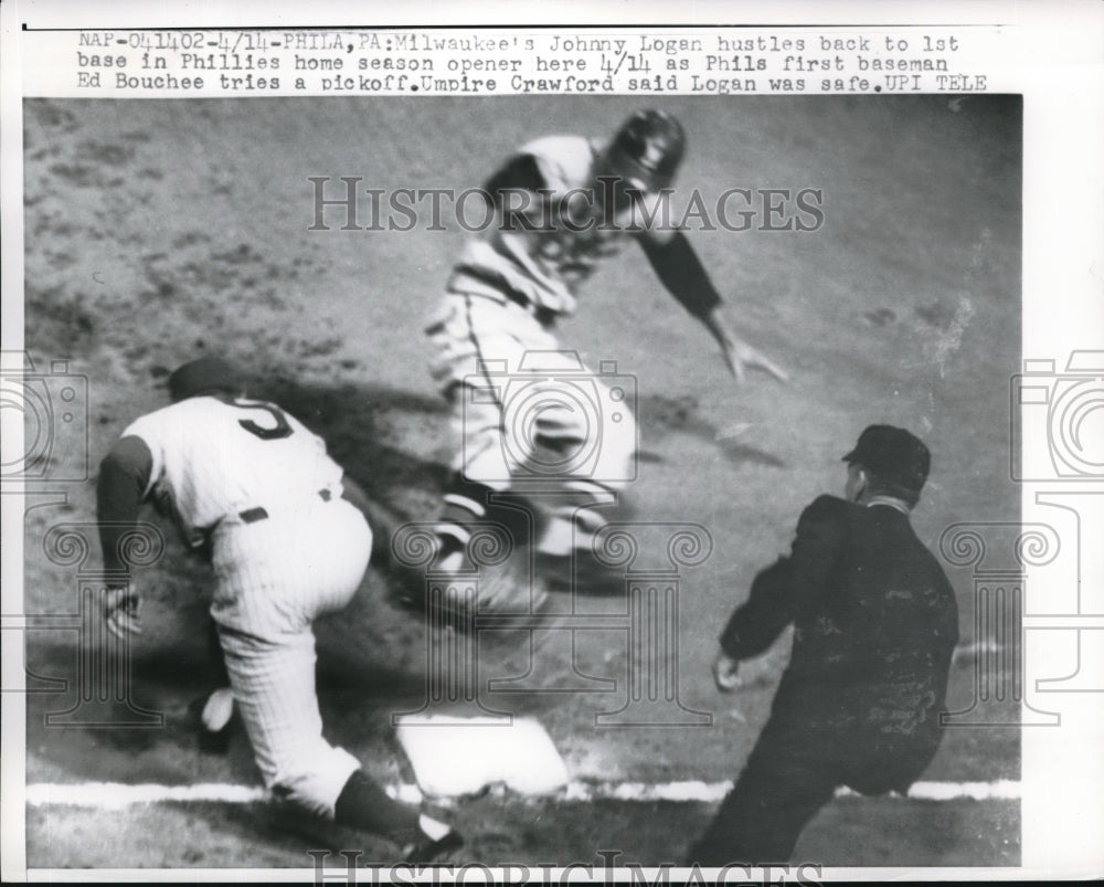 1960 Press Photo Johnny Logan, Braves, Ed Bouchee, Philadelphia Phillies - Historic Images