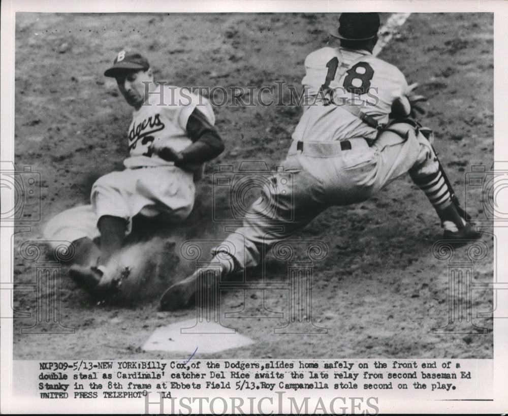 1952 Press Photo Billy Cox of Dodgers Slides Home, Del Rice, Cardinals, New York - Historic Images