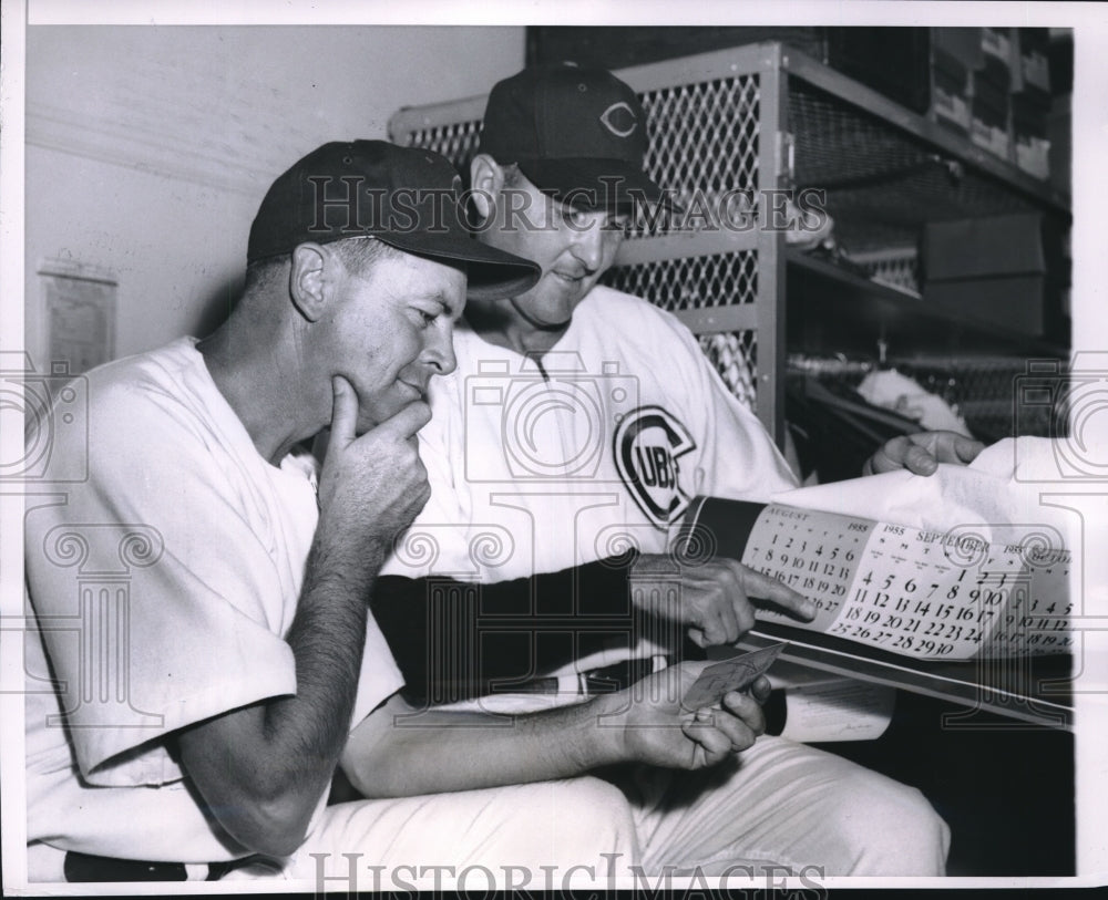 1955 Press Photo Stan Hack, Chicago Cubs Manager, Coach Dutch Leonard - Historic Images