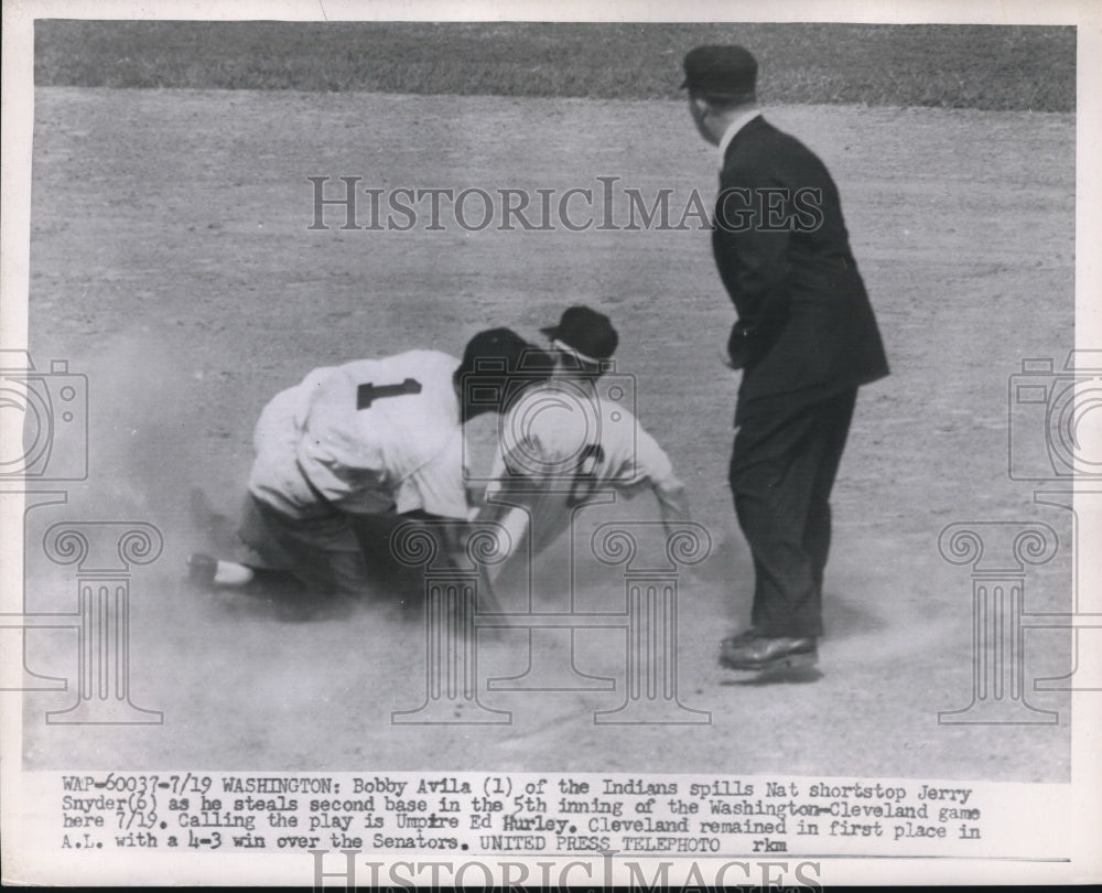 1954 Press Photo Bobby Avila, Indians, Jerry Snyder, Washington Nationals - Historic Images