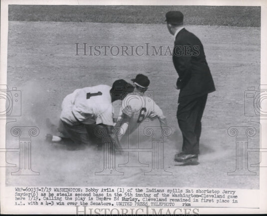 1954 Press Photo Bobby Avila, Indians, Jerry Snyder, Washington Nationals - Historic Images
