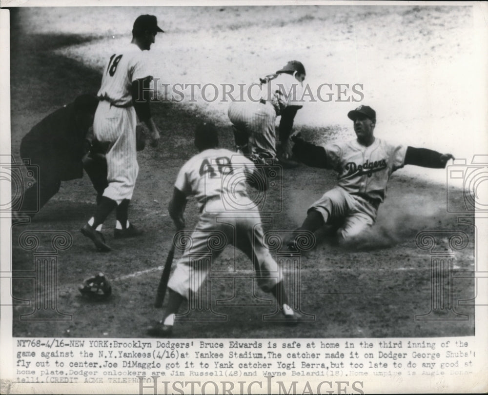 1950 Press Photo Bruce Edwards, Brooklyn Dodgers, Yogi Berra, New York Yankees - Historic Images