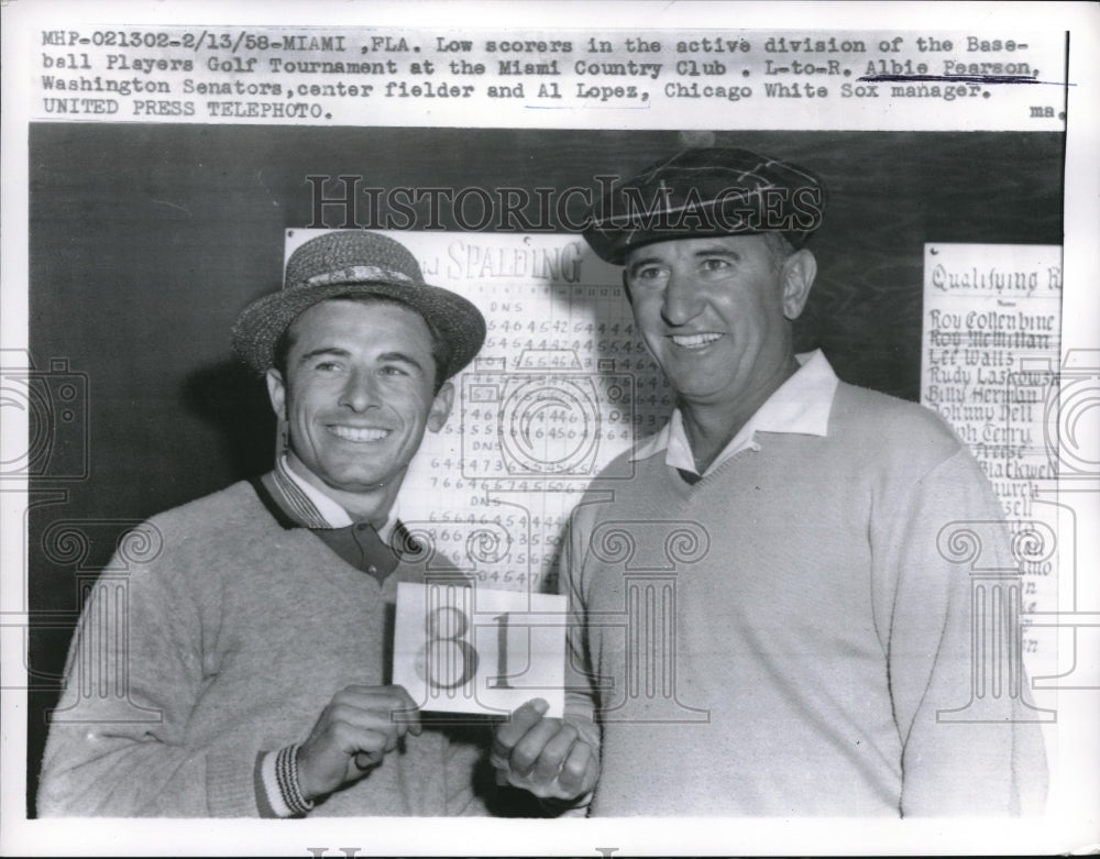 1958 Press Photo Albie Pearson, Washington Senators, Al Lopez, Chicago White Sox - Historic Images