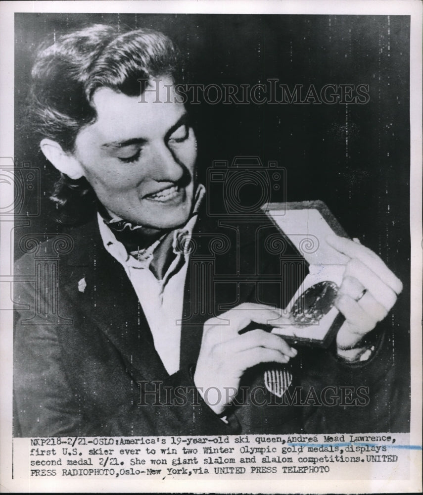 1952 Press Photo Ski Champ Andrea Mead Lawrence Shows Olympic Gold Medals, Oslo - Historic Images