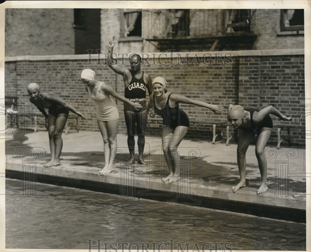 1931 Press Photo L Cyriax, E. Van Loan, F. Schooley, Metropolitan Swim Meet - Historic Images
