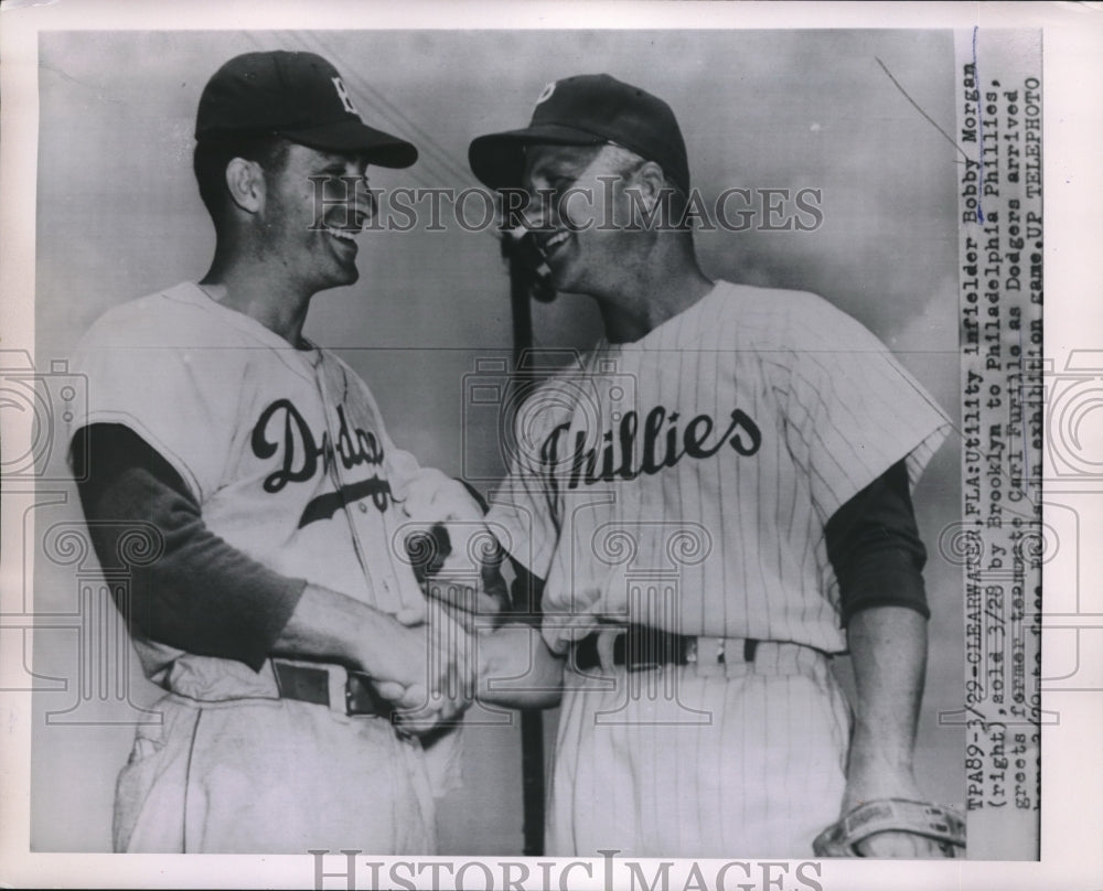 1954 Press Photo Utility Infielder Bobby Morgan Greets Brooklyn&#39;s Carl Furillo - Historic Images