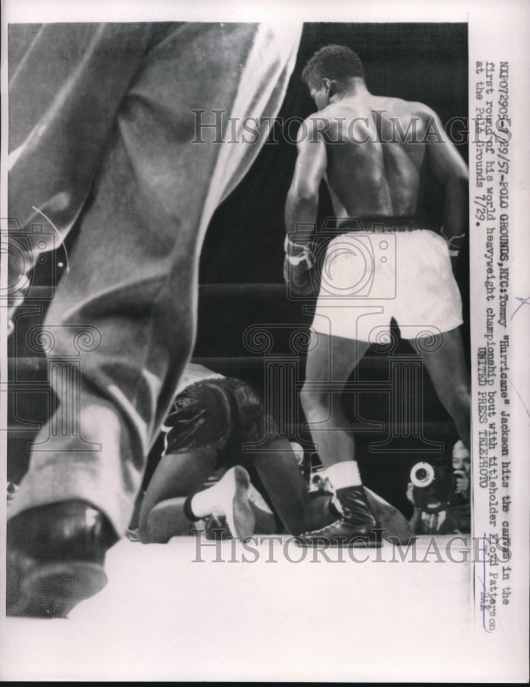 1957 Press Photo Floyd Patterson and Tommy Hurricane Jackson during title match - Historic Images