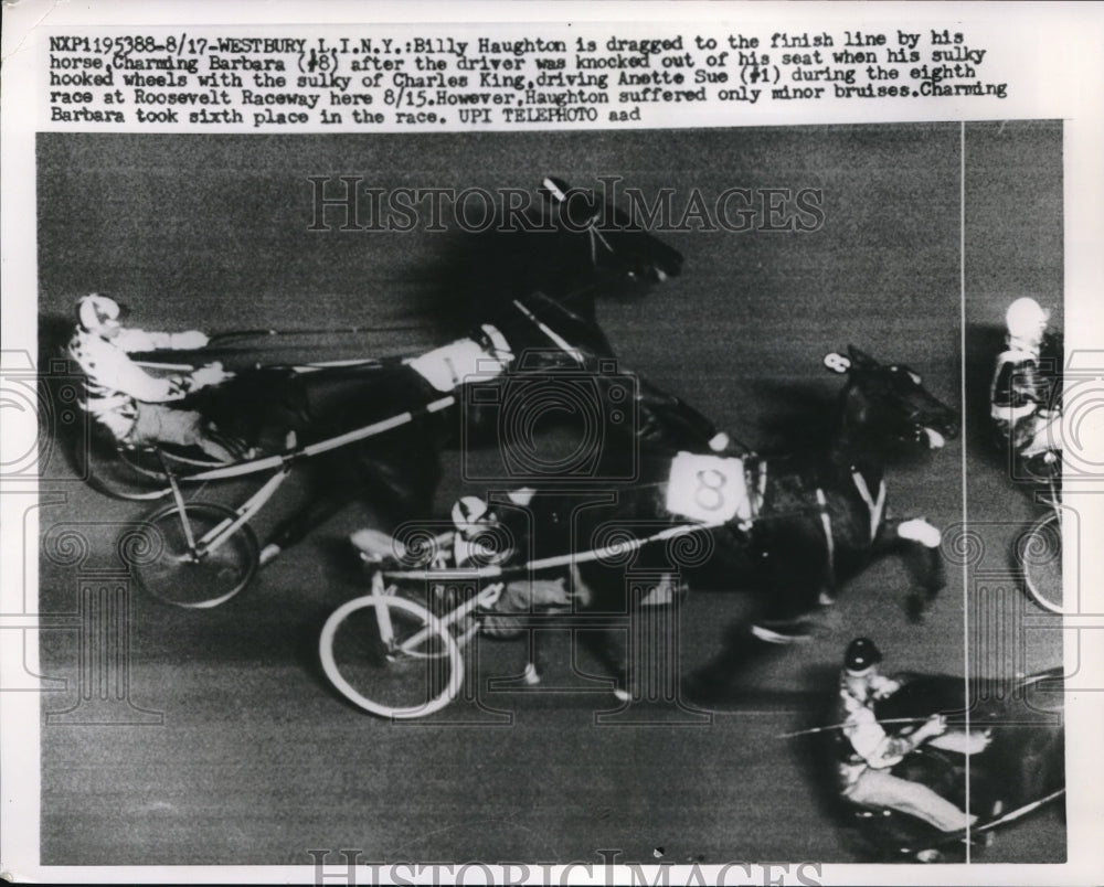 1959 Press Photo Westbury, NY Billy Haughton dragged by horse Charming Barbara - Historic Images