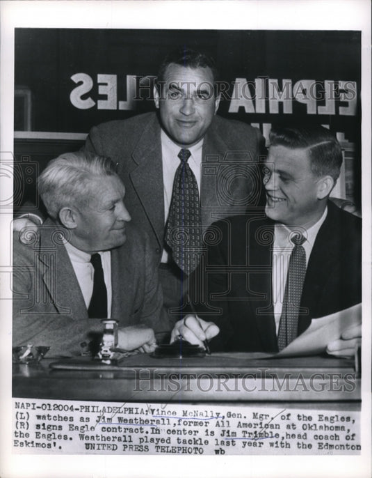 1955 Press Photo Phila.Pa Vince McNally, GM of Eagles, Jim Weatherall & Jim Trim - Historic Images