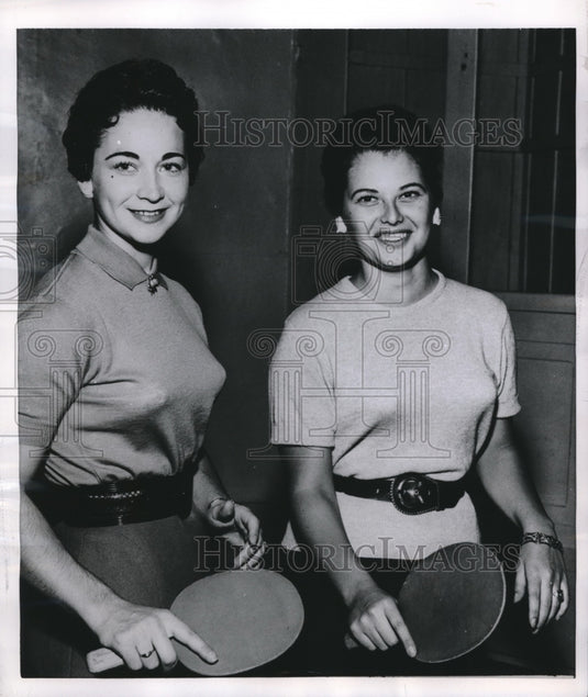 1955 Press Photo Table Tennis Denise Lebrun & Suzanne Pelletier tour army bases - Historic Images