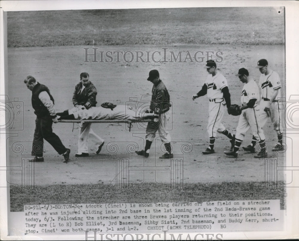 1951 Press Photo Joe Adcock ( Cincinnati ) injured during Reds / Braves game - Historic Images