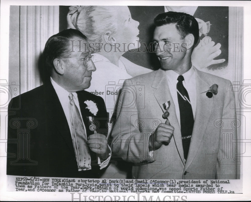 1955 Press Photo NYC, Giant Al Dark & B O'Connor, Infantile Paralysis Assoc - Historic Images