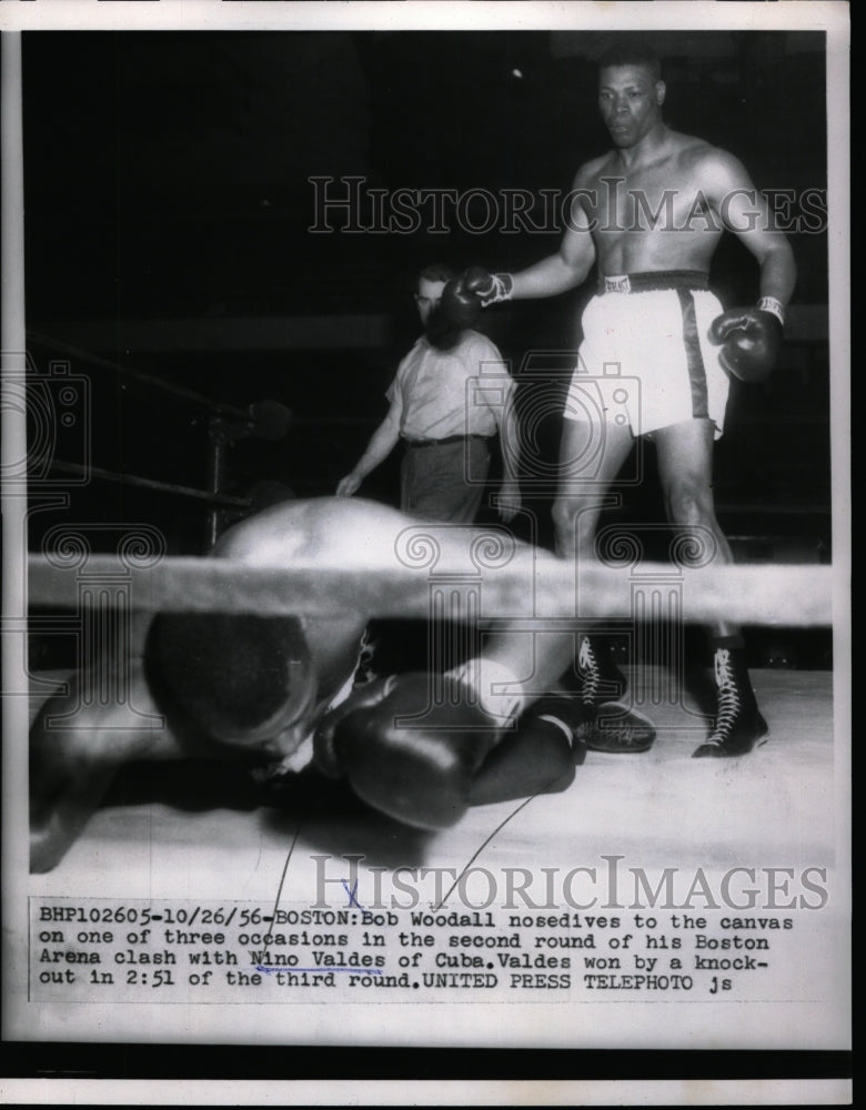 1956 Press Photo Bob Woodall Knocked Out by Nino Valdes of Cuba - nes12360 - Historic Images