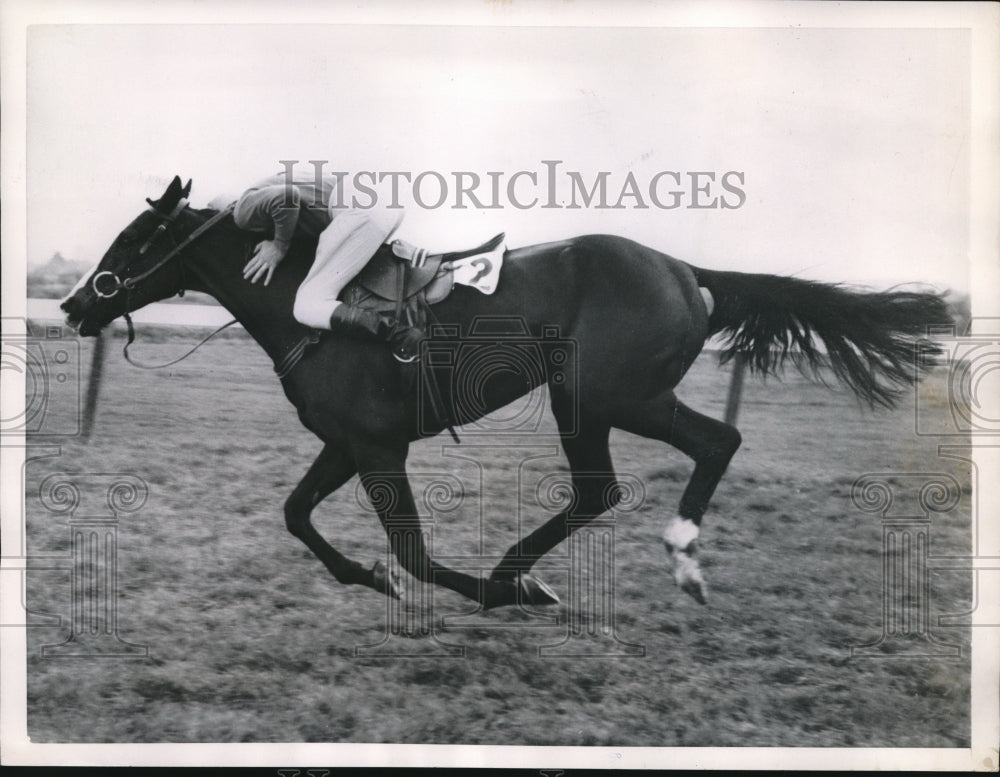 1953 Press Photo Jockey T Mabbut Holds On After Nearly Spilled By Cottage Choice - Historic Images