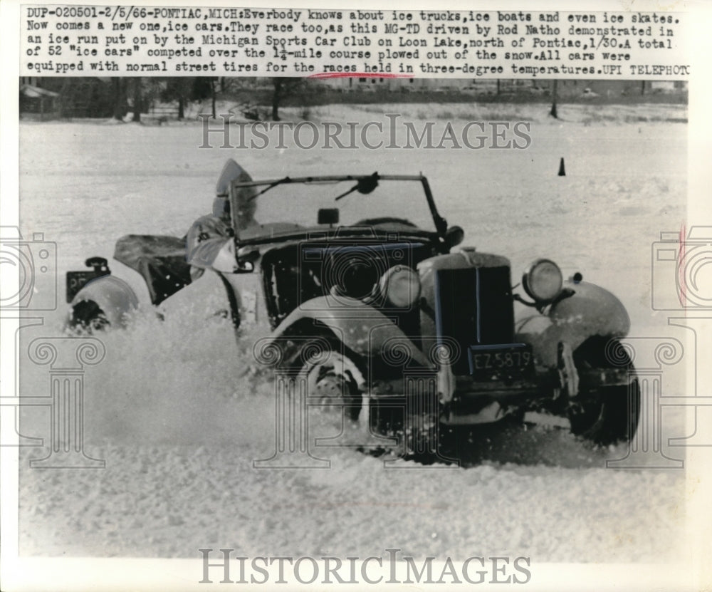 1966 Press Photo Ice Car MG-TD Driven by Rod Natho at Michigan Sports Car Club - Historic Images