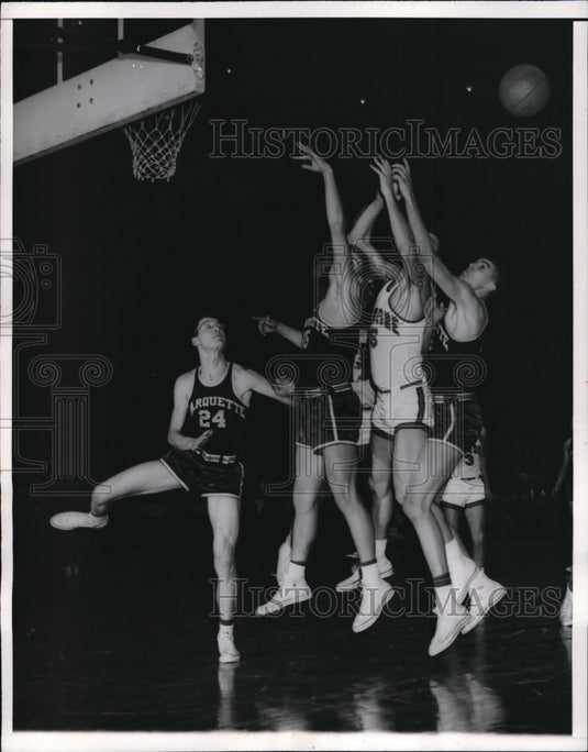 1956 Press Photo Marquette's Hopfensperger, Glaser & Rand with Bob Depalma - Historic Images