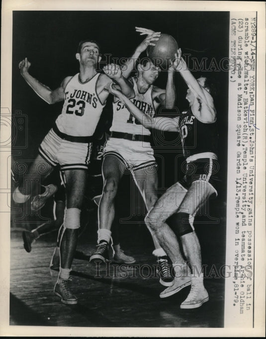 1949 Press Photo St. John's Dan Finn Gains Possession over Walter Hatkevich - Historic Images